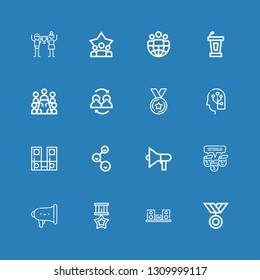 Editable 16 leader icons for web and mobile. Set of leader included icons line Medal, Speaker, Team, Friends, Speakers, Human, Meeting, Conference, Leader, Teamwork on blue background