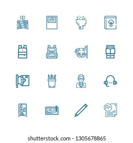 Editable 16 learn icons for web and mobile. Set of learn included icons line Exam, Pencil, Write, Bookcase, Lesson, Guide, Learning, Ereader, Backpack, Guide book on white background