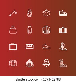 Editable 16 leather icons for web and mobile. Set of leather included icons line Shoe, Cowboy hat, Jacket, Acrylic, Boot, Sneaker, Purse, Suitcase, Bag, Thread, Baseball on red