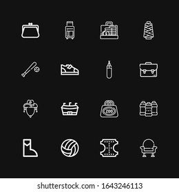 Editable 16 iconos de cuero para web y móvil. Conjunto de cuero incluido iconos línea Sillón, Cuero, Voleibol, Bota, Arilico, Bolsa, Fútbol, sombrero de vaca, Maleta sobre fondo negro