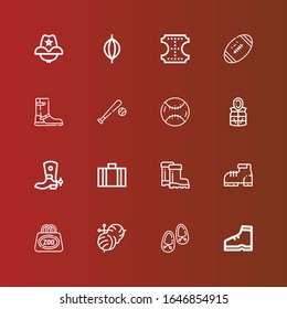 Editable 16 leather icons for web and mobile. Set of leather included icons line Boot, Shoes, Knitting, Bag, Boots, Suitcase, Jacket, Baseball, Football, Leather, Punching bag on red