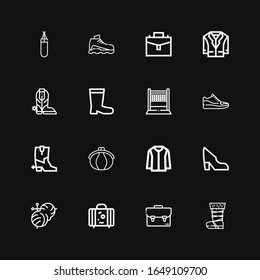 Editable 16 leather icons for web and mobile. Set of leather line icons including: Boot, Suitcase, Knitting, Shoe, Jacket, Purse, Boots, Sneakers, Volleyball on black background