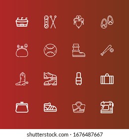 Editable 16 leather icons for web and mobile. Set of leather included icons line Sewing, Bag, Shoe, Purse, Suitcase, Shoes, Boot, Baseball, Boots, Cowboy hat, Knit, Football on red