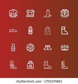 Editable 16 leather icons for web and mobile. Set of leather included icons line Boot, Boots, Bag, Football, Volleyball, Suitcase, Shoes, Jacket, Sewing on red