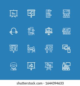 Editable 16 lecture icons for web and mobile. Set of lecture included icons line Conference, Presentation, Teacher, Lesson, Class, Training on blue background