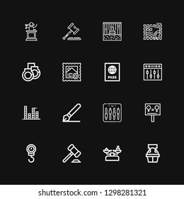 Editable 16 legal icons for web and mobile. Set of legal included icons line Witness, Scale, Auction, Equality, Equalizer, Signature, Passport, Stamp, Handcuffs on black background
