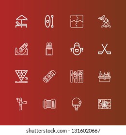 Editable 16 leisure icons for web and mobile. Set of leisure included icons line Ferris wheel, Table tennis, Accordion, Film director, Picnic, Amusement park, Skateboard on red