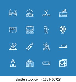 Editable 16 leisure icons for web and mobile. Set of leisure included icons line Playing cards, Console, Casino, Apron, Caravan, Bike, Shears, Tent, Roulette on blue background