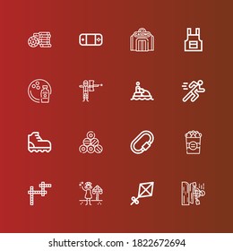 Editable 16 leisure icons for web and mobile. Set of leisure included icons line Kayak, Kite, Summer, Crossword, Popcorn, Carabiner, Pool, Climbing, Running, Jet ski, Paintball on red