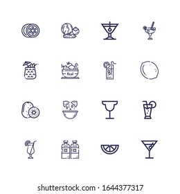 Editable 16 lemon icons for web and mobile. Set of lemon included icons line Cocktail, Lemon, Alcoholic drink, Kiwi, Lemonade, Fruit, Vegetables on white background