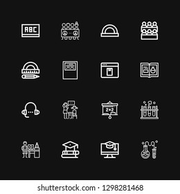 Editable 16 lesson icons for web and mobile. Set of lesson included icons line Chemistry, Education, Nanotechnology, Blackboard, Lesson, Elearning, Workbook on black background