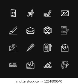 Editable 16 letter icons for web and mobile. Set of letter included icons line Invitation, Message, Email, Keyboard, Notes, Feather, Note, Envelope, Signature on black background