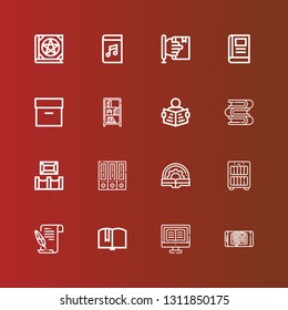 Editable 16 library icons for web and mobile. Set of library included icons line Ebook, Book, Literature, Bookcase, Archive, Museum, Books, Read, Learning, Audiobook on red