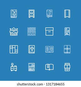 Editable 16 library icons for web and mobile. Set of library included icons line Ereader, Book, Bookcase, Nightstand, Bible, Books, Archive, School, Bookmark on blue background