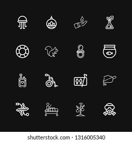 Editable 16 life icons for web and mobile. Set of life included icons line Gas mask, Sprout, Gurney, Dna, Soil, Sardines, Wheelchair, Blood donation, Fish bowl on black background