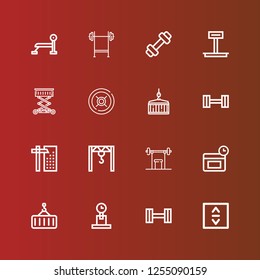 Editable 16 lifting icons for web and mobile. Set of lifting included icons line Lift, Dumbbell, Weight, Crane, Anti age, Weightlifting, Bench press on red