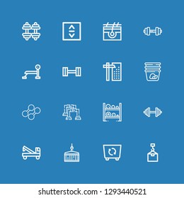 Editable 16 lifting icons for web and mobile. Set of lifting included icons line Crane, Container, Dumbbell, Pushup, Weight, Bench press, Skin, Lift on blue background