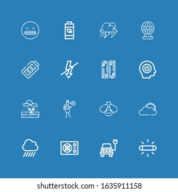 Editable 16 Lightning Icons For Web And Mobile. Set Of Lightning Included Icons Line Flash, Electric, Power, Rain, Sun Cloud, Firefly, Lullaby, Battery, Tesla Ball On Blue Background