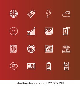 Editable 16 lightning icons for web and mobile. Set of lightning included icons line Stun gun, Battery, Power, Rain, Speed, Electric, Energy drink, Performance, Shocked on red