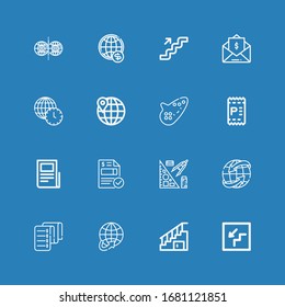 Editable 16 lines icons for web and mobile. Set of lines included icons line Stairs, Worldwide, Invoice, Stationery, Text lines, Ocarina, Parallel world on blue background
