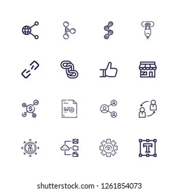 Editable 16 link icons for web and mobile. Set of link included icons line Text editor, Connect, Data, Share, Sharing, Network, Keyword, Market, Like, Chains on white background
