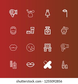 Editable 16 lipstick icons for web and mobile. Set of lipstick included icons line Lipstick, Patch, Lips, Perfume, Hairdryer, Vanity, Kiss, Cosmetics, Fangs, Fashion on red