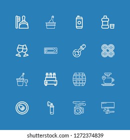 Editable 16 liquid icons for web and mobile. Set of liquid included icons line Monitor, Coffee cup, Oxygen, Can, Cask, Test tube, Champagne, Barrels, Eyedropper on blue background