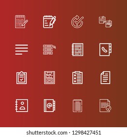 Editable 16 list icons for web and mobile. Set of list included icons line Done, Note, Agenda, Paper, Report, Clipboard, List, Notebook, Align left, Notepad, Check, Notes on red