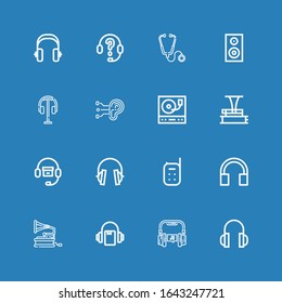 Bearbeitbar 16 hören Icons für Web und Mobile. Set mit Hörbildern inklusive Kopfhörer, Kopfhörer, Hörbuch, Gramophone, Babymonitor, Tonträger, Turntable auf blauem Hintergrund