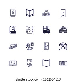 Editable 16 literature icons for web and mobile. Set of literature included icons line Ebook, Book, Library, Bookcase, Books, Bookshelf, Phone book, Bookmark on white background