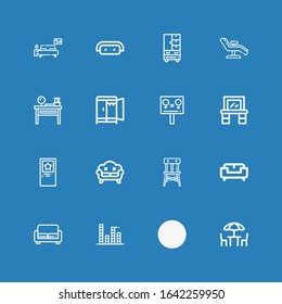 Editable 16 living icons for web and mobile. Set of living included icons line Chairs, Sofa, Equalizer, Chair, Door, Vanity, Equality, Wardrobe, Dressing table on blue background
