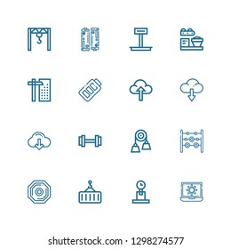 Editable 16 load icons for web and mobile. Set of load included icons line Loading, Weight, Crane, Weights, Pulley, Download, Upload, Battery, Loader on white background