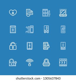 Editable 16 locker icons for web and mobile. Set of locker included icons line Locker, Lock, Unlocked, Padlock, Closet, Wardrobe, Locked, Lockers, Dressing room on blue background