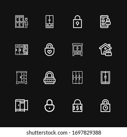 Editable 16 locker icons for web and mobile. Set of locker included icons line Padlocks, Padlock, Wardrobe, Lockers, Lock, Closet on black background