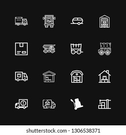 Editable 16 logistic icons for web and mobile. Set of logistic included icons line Warehouse, Logistic, Delivery truck, Carriage, Cargo truck, Cardboard, Trailer on black background