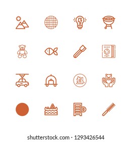 Editable 16 logo icons for web and mobile. Set of logo included icons line Comb, Digital currency, Water market, Sun, Cat, Vegan food, Luggage, d, Travel guide on white background