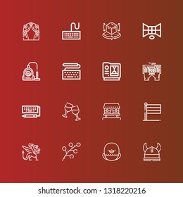 Editable 16 logotype icons for web and mobile. Set of logotype included icons line Viking, Eagle, Branch, Dragon, Holland, Cabin, Cheers, Keyboard, d, Vacuum, Arch on red