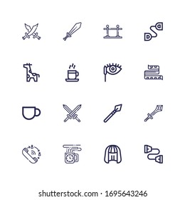 Editable 16 long icons for web and mobile. Set of long included icons line Chest expander, Wig, Coffee cup, Queue, Sword, Spear, Swords, Measuring tape, Mascara on white background