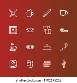 Editable 16 long icons for web and mobile. Set of long included icons line Sword, Measuring tape, Dropper, Wall clock, Party blower, Cup, Parallel world, Coffee cup, Sync on red