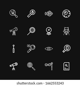 Editable 16 look icons for web and mobile. Set of look included icons line Search, Binoculars, Magnifier, Telescope, View, Magnifying, Mirror, Cosplayer, Webcam on black background
