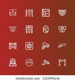 Editable 16 looking icons for web and mobile. Set of looking included icons line Metal detector, Cctv, Troglodyte, Hidden camera, Windows, Window, Surveillance on red