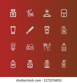 Editable 16 lotion icons for web and mobile. Set of lotion included icons line Shampoo, Sunblock, Gel, Sun cream, Sauna, Beach, Dispenser, Sun lotion, Comb, Makeup, Spa on red