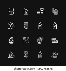 Editable 16 iconos de loción para web y móvil. Conjunto de lociones incluidas línea de iconos Sauna, Dispenser, aceite esencial, Perfume, Playa, Gel, crema de sol, Comb, Cosméticos sobre fondo negro