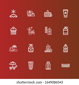 Editable 16 iconos de loción para web y móvil. Conjunto de lociones incluidas línea de iconos Comb, Sunblock, crema de sol, playa, aceite esencial, gel, champú, perfume, Spa, loción de sol, Sauna en rojo