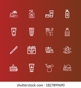 Editable 16 iconos de loción para web y móvil. Conjunto de loción incluido íconos línea de playa, Perfume, crema de sol, Sauna, Piel, Maquillaje, loción de sol, gel, cosméticos, champú en rojo