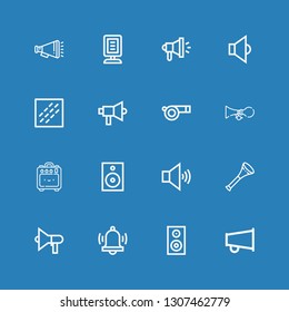 Editable 16 loud icons for web and mobile. Set of loud included icons line Megaphone, Woofer, Alarm, Speaker, Vuvuzela, Volume, Amplifier, Horn, Whistle, Noise on blue background