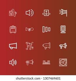 Editable 16 loudspeaker icons for web and mobile. Set of loudspeaker included icons line Music, Speaker, Megaphone, Announcer, Fade buttons, Horn, Amplifier, Speakers, Audio on red