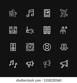 Editable 16 loudspeaker icons for web and mobile. Set of loudspeaker included icons line Megaphone, Music, Speakers, DJ, Speaker, Propaganda on black background
