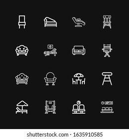 Editable 16 lounge icons for web and mobile. Set of lounge included icons line Waiting room, Chair, Sunbed, Stool, Chairs, Armchair, Sofa, Divan on black background