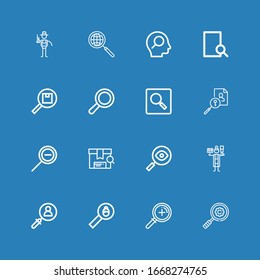 Editable 16 loupe icons for web and mobile. Set of loupe included icons line Magnifying glass, Zoom, Search, Detective, Zoom out, Magnifier on blue background